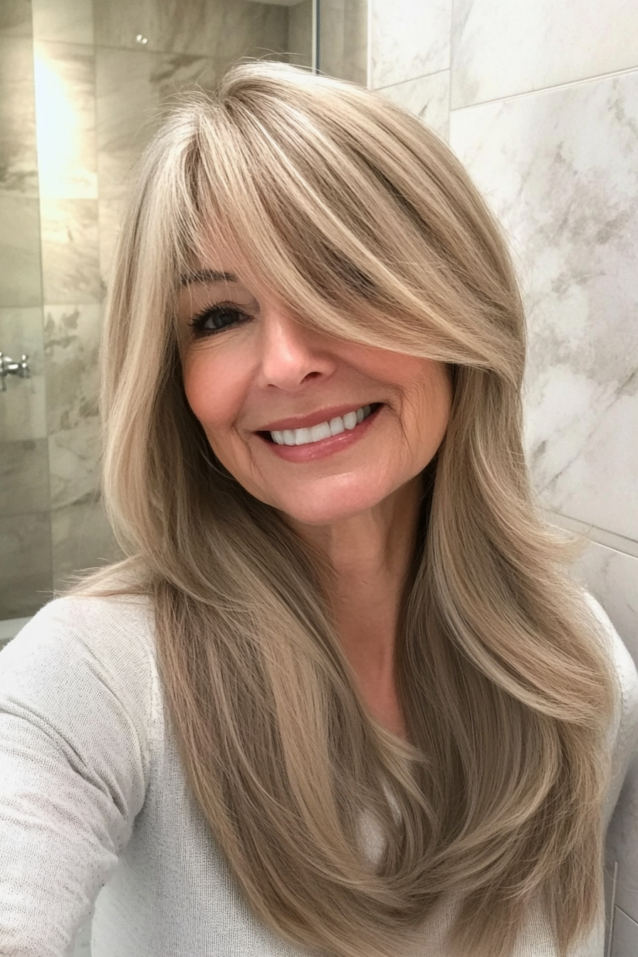 16. Side-Swept Bangs with Light Beige Blonde (Long Haircuts For Older Women) - Long Haircuts For Older Women