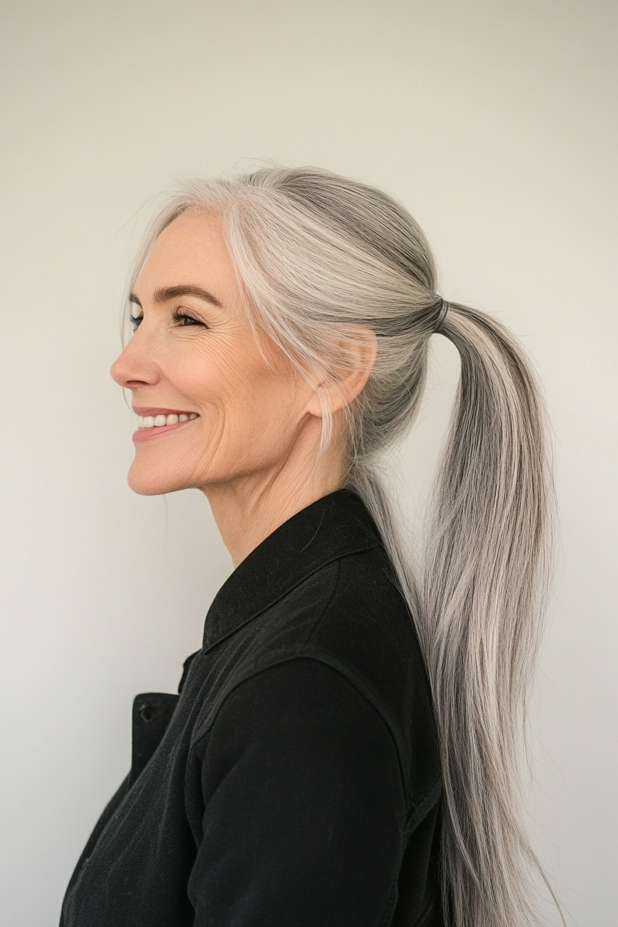 17. Sleek Ponytail Cut with Dark Ash Blonde (Long Haircuts For Older Women) - Long Haircuts For Older Women