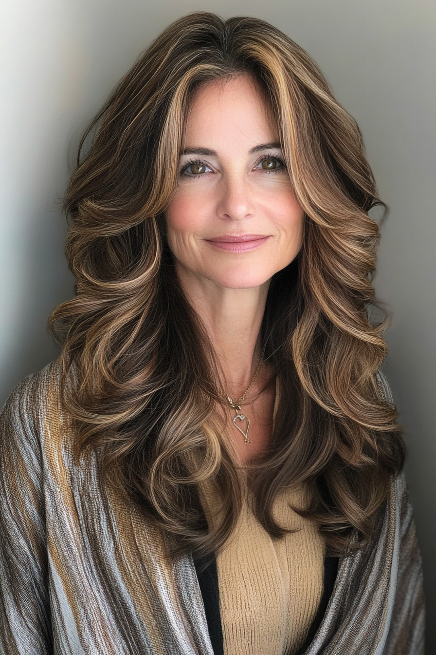 18. Long Layered Curls with Golden Brown (Long Haircuts For Older Women) - Long Haircuts For Older Women