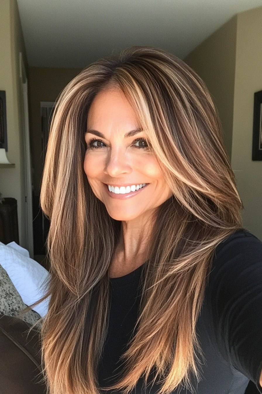 19. Straight Layers with Warm Caramel Highlights (Long Haircuts For Older Women) - Long Haircuts For Older Women