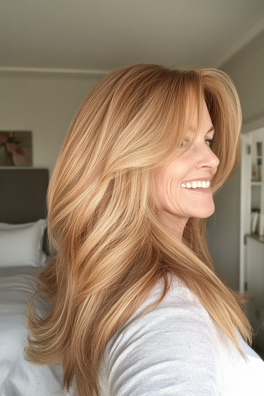 20. Fringe Cut with Light Golden Brown (Long Haircuts For Older Women) - Long Haircuts For Older Women