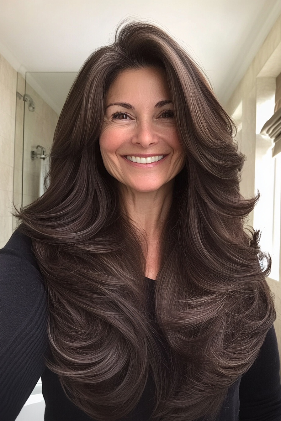 22. Voluminous Layers with Deep Chocolate (Long Haircuts For Older Women) - Long Haircuts For Older Women