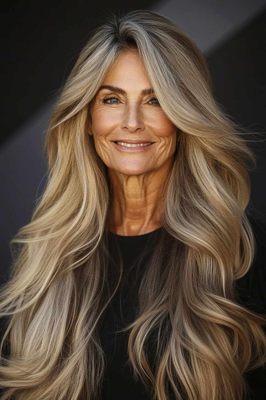 25. Layered V-Cut with Warm Beige Blonde (Long Haircuts For Older Women) - Long Haircuts For Older Women