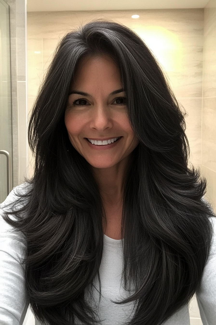 26. Long Textured Layers with Soft Black (Long Haircuts For Older Women) - Long Haircuts For Older Women