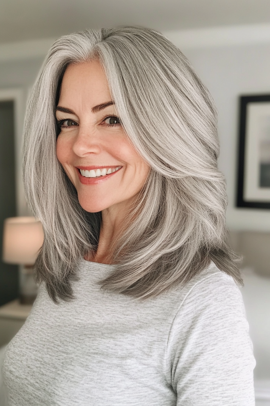 1. Classic Layered Lob in Silver Gray (Medium Length Hairstyles For Women Over 60) - Medium Length Hairstyles For Women Over 60