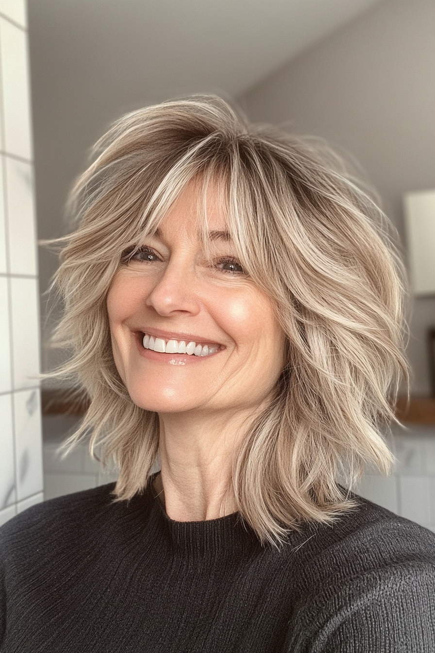 4. Shaggy Cut with Sandy Blonde Balayage (Medium Length Hairstyles For Women Over 60) - Medium Length Hairstyles For Women Over 60