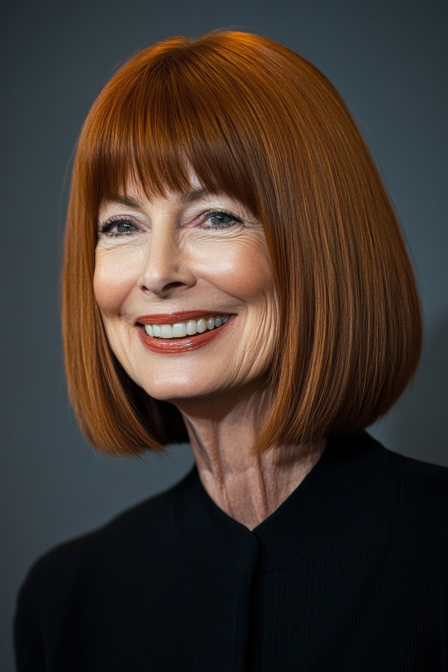 7. Blunt Cut Lob in Deep Auburn (Medium Length Hairstyles For Women Over 60) - Medium Length Hairstyles For Women Over 60