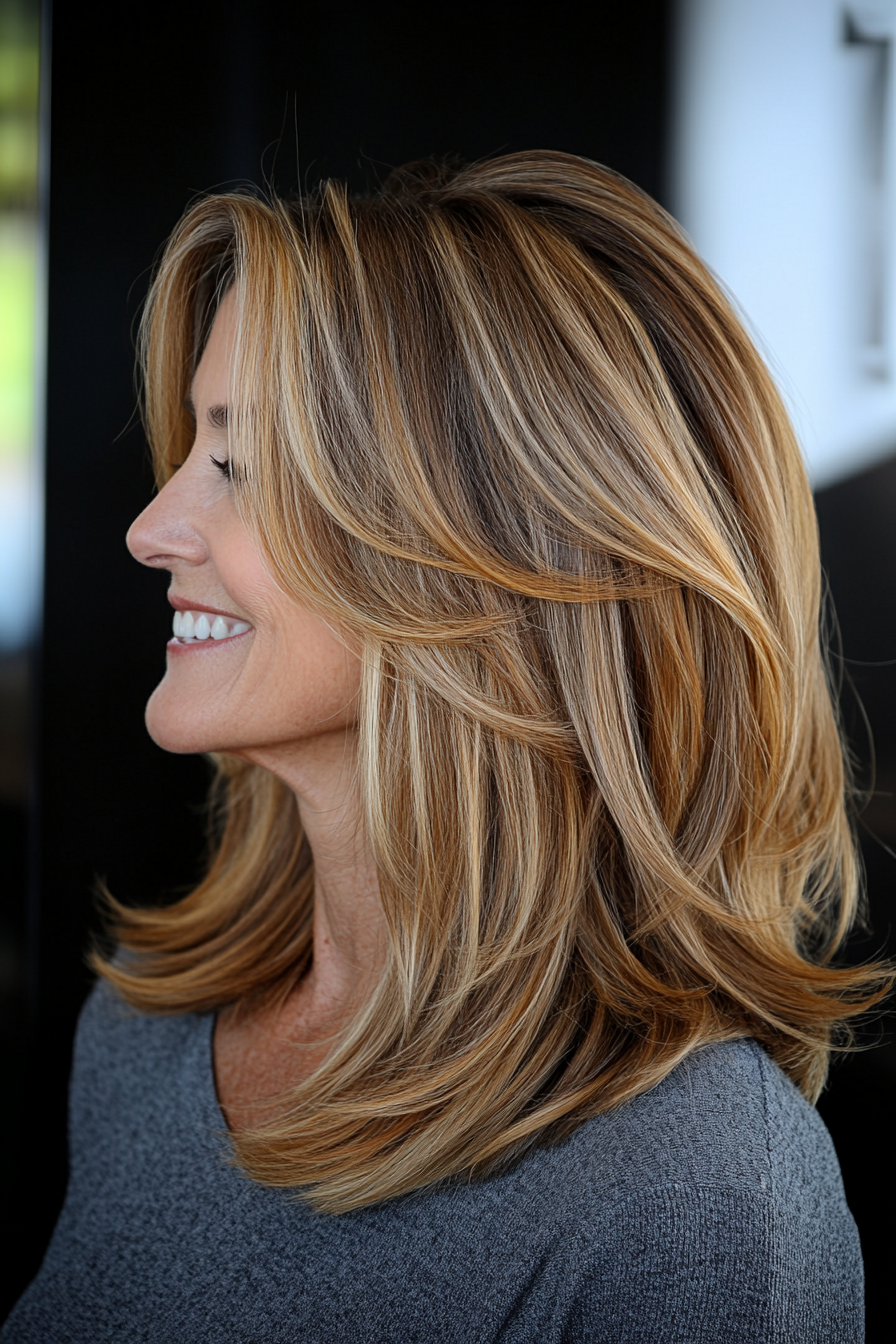 8. Soft Layers with Golden Highlights (Medium Length Hairstyles For Women Over 60) - Medium Length Hairstyles For Women Over 60