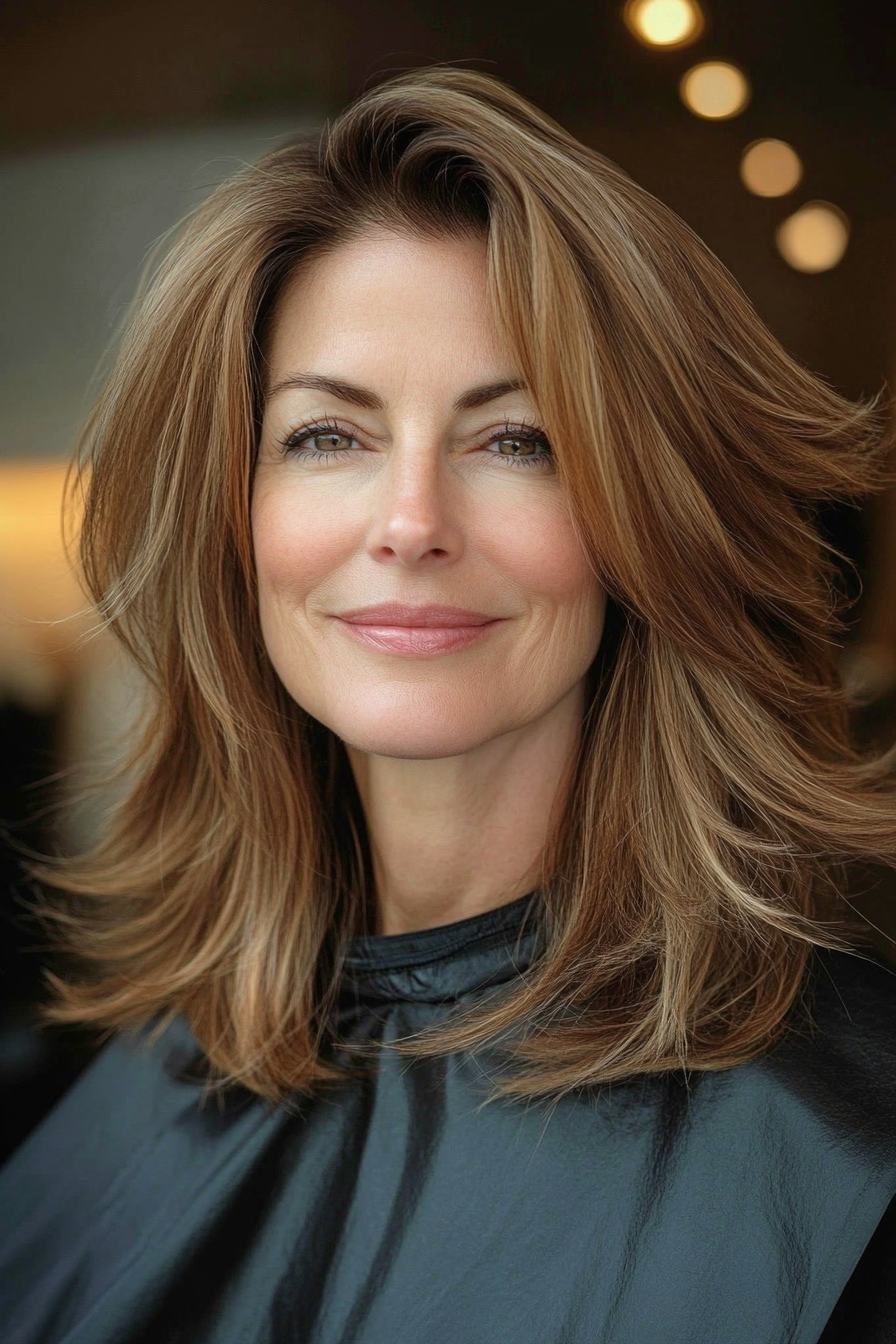 10. Face-Framing Layers in Caramel Brown (Medium Length Hairstyles For Women Over 60) - Medium Length Hairstyles For Women Over 60