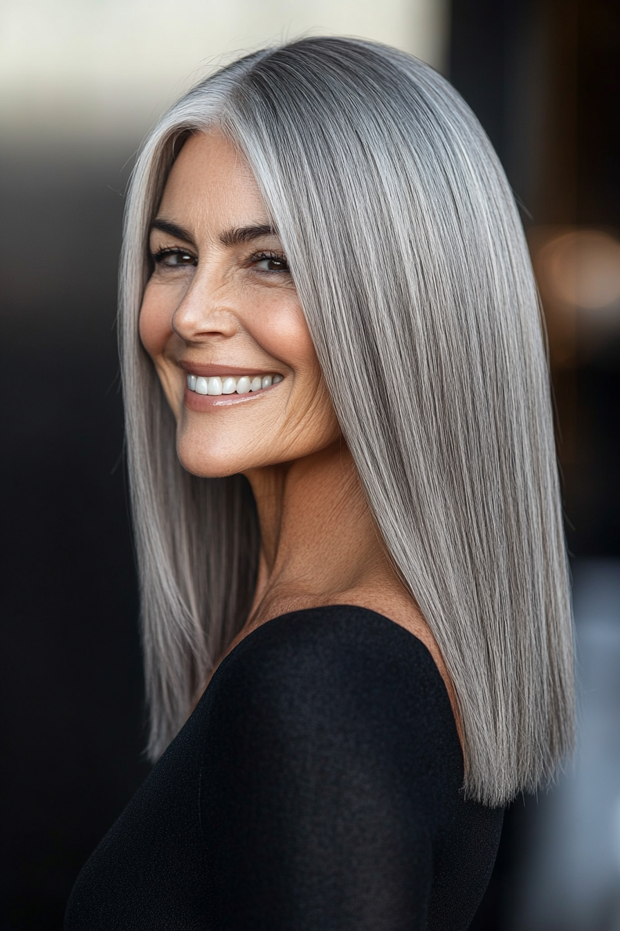 11. Straight Shoulder Cut in Warm Gray (Medium Length Hairstyles For Women Over 60) - Medium Length Hairstyles For Women Over 60