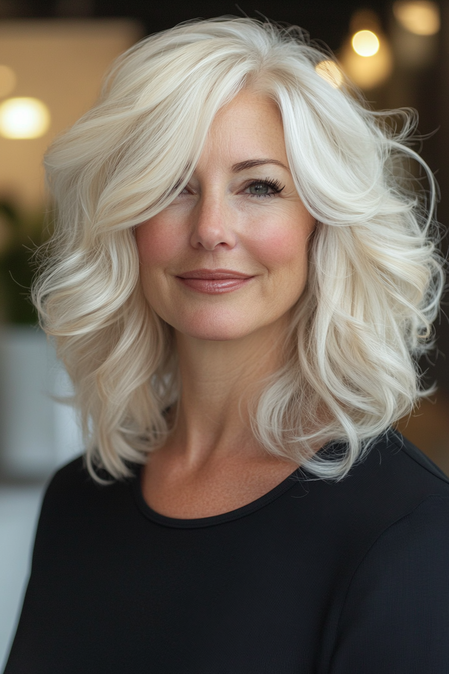 13. Loose Curls in Platinum Blonde (Medium Length Hairstyles For Women Over 60) - Medium Length Hairstyles For Women Over 60