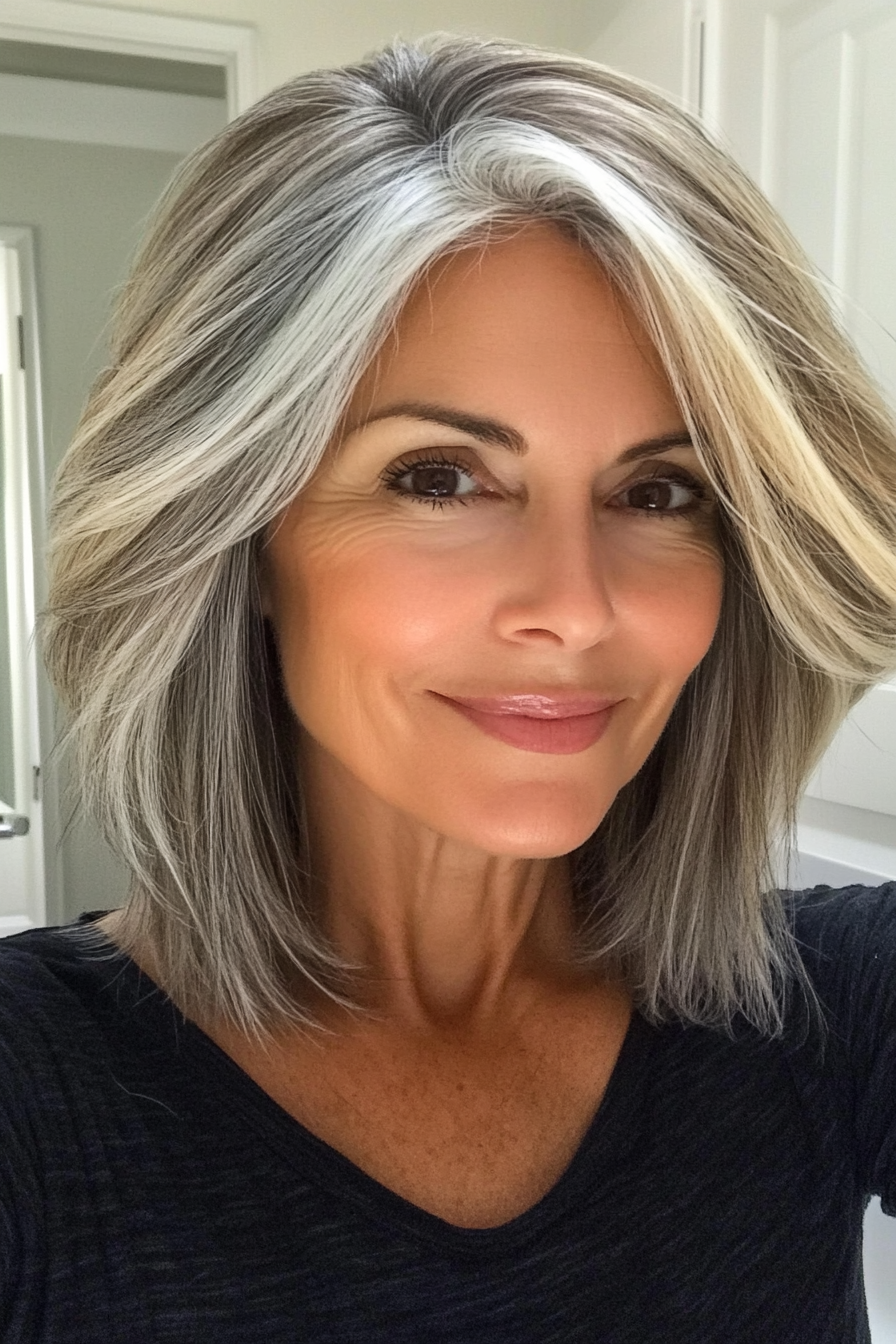 15. Layered Bob with Silver Streaks (Medium Length Hairstyles For Women Over 60) - Medium Length Hairstyles For Women Over 60