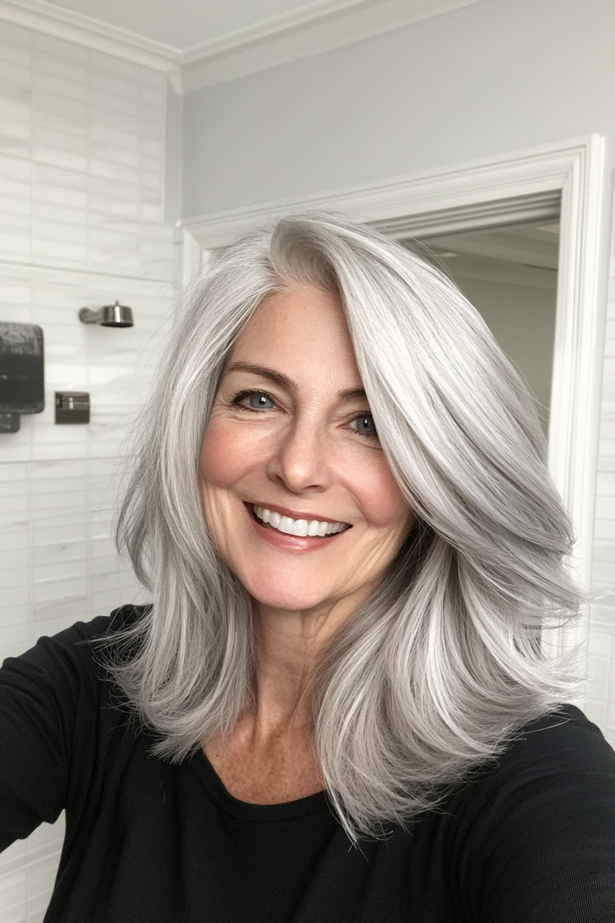 18. Subtle Layers in Frosted Silver (Medium Length Hairstyles For Women Over 60) - Medium Length Hairstyles For Women Over 60