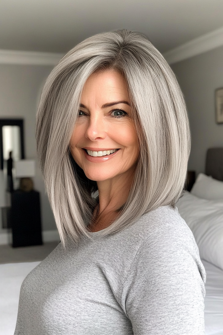 23. Modern Lob in Sandy Gray (Medium Length Hairstyles For Women Over 60) - Medium Length Hairstyles For Women Over 60