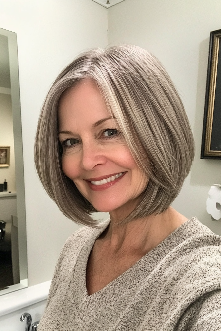 26. Graduated Bob in Cool Taupe (Medium Length Hairstyles For Women Over 60) - Medium Length Hairstyles For Women Over 60