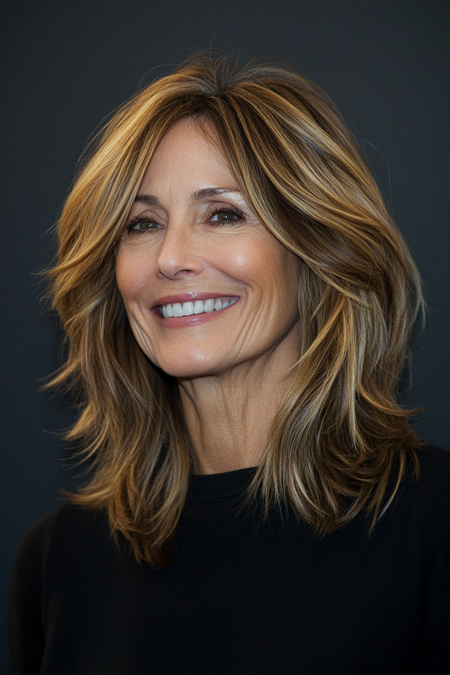 27. Choppy Midi Cut with Honey Highlights (Medium Length Hairstyles For Women Over 60) - Medium Length Hairstyles For Women Over 60