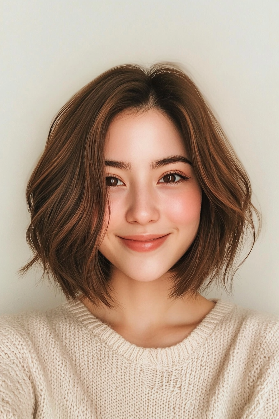 1. Classic Layered Bob with Warm Chestnut Highlights (Medium Bob Hairstyles) - Medium Bob Hairstyles