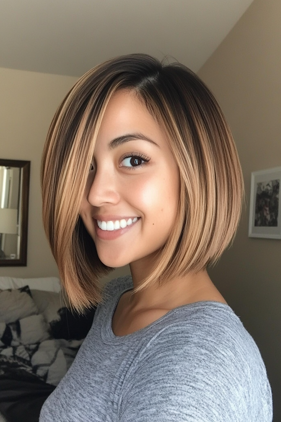 26. Choppy Bob with Dark Honey Blonde Highlights (Medium Bob Hairstyles) - Medium Bob Hairstyles