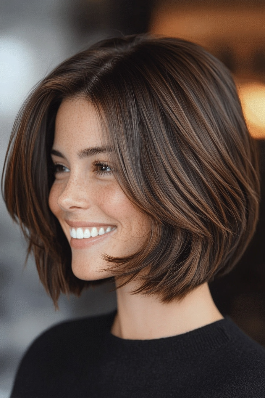 24. Layered Lob with Dark Walnut Brown (Medium Bob Hairstyles) - Medium Bob Hairstyles