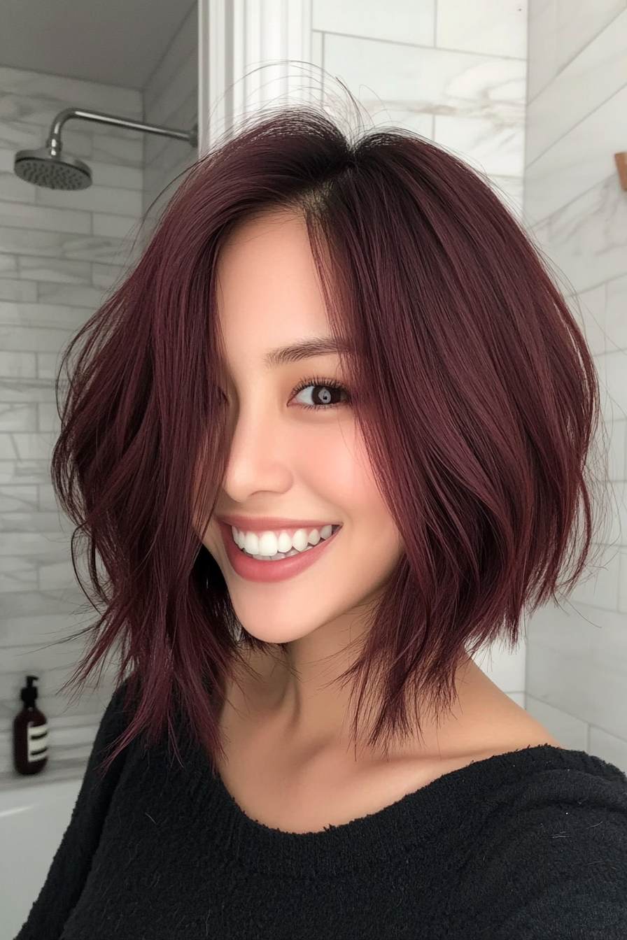 23. Textured Bob in Deep Burgundy Brown (Medium Bob Hairstyles) - Medium Bob Hairstyles