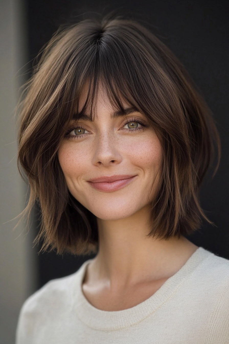 15. Curtain Bangs on a Sandy Brown Bob (Medium Bob Hairstyles) - Medium Bob Hairstyles