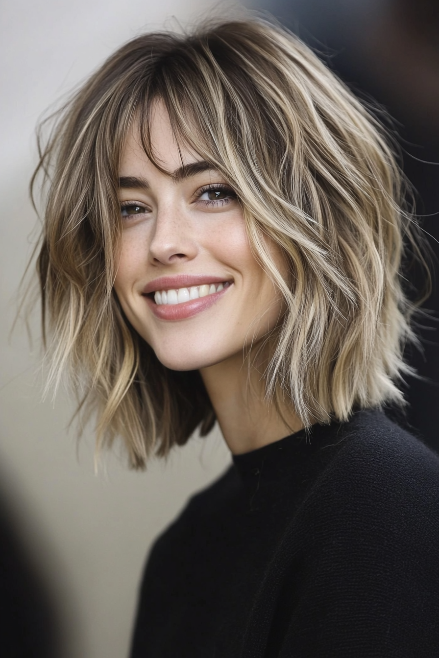 14. Messy Bob with Light Ash Blonde Highlights (Medium Bob Hairstyles) - Medium Bob Hairstyles
