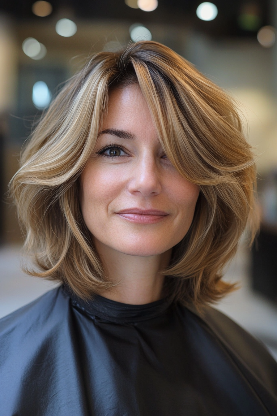 5. Feathered Bob with Honey Blonde Highlights (Medium Bob Hairstyles) - Medium Bob Hairstyles