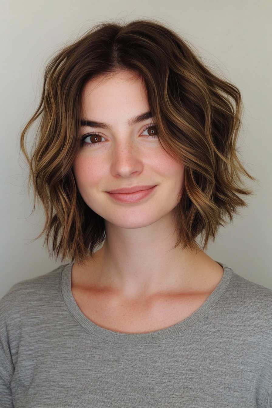 3. Shaggy Bob with Sunlit Brunette Balayage (Medium Bob Hairstyles) - Medium Bob Hairstyles