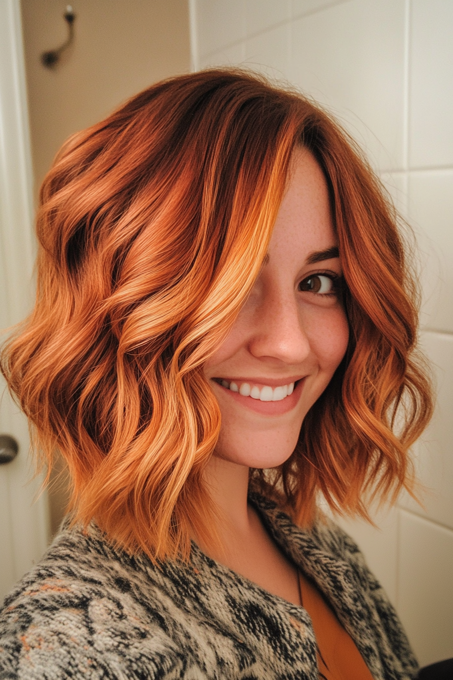 8. Wavy Bob with Golden Auburn Ombre (Medium Bob Hairstyles) - Medium Bob Hairstyles