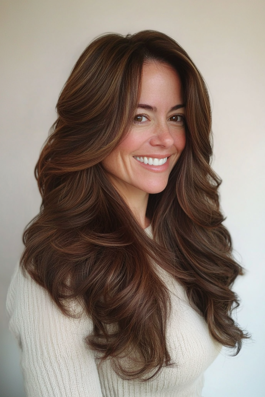 1. Soft Layered Brunette Waves (Long Hairstyles For Women Over 40) - Long Hairstyles For Women Over 40