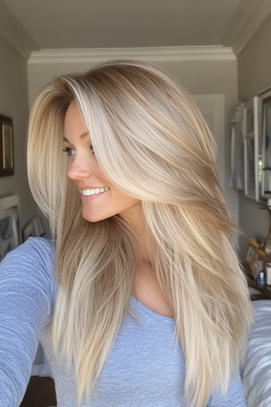 2. Blonde Feathered Ends (Long Hairstyles For Women Over 40) - Long Hairstyles For Women Over 40