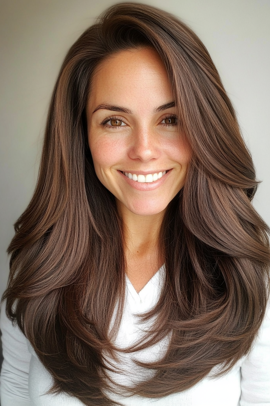 3. Classic Chocolate Brown Layers (Long Hairstyles For Women Over 40) - Long Hairstyles For Women Over 40