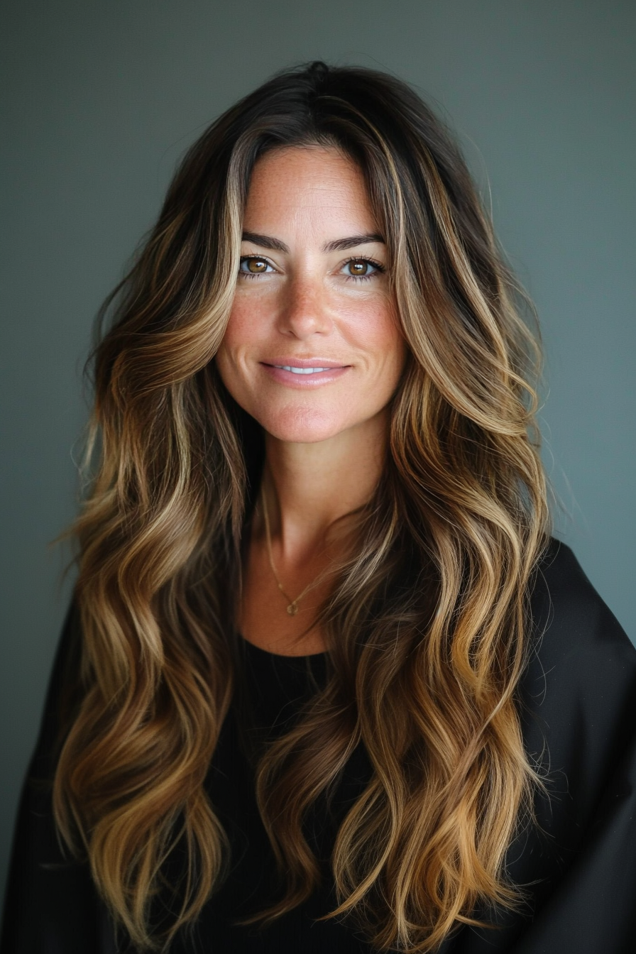 4. Caramel Balayage with Long Waves (Long Hairstyles For Women Over 40) - Long Hairstyles For Women Over 40