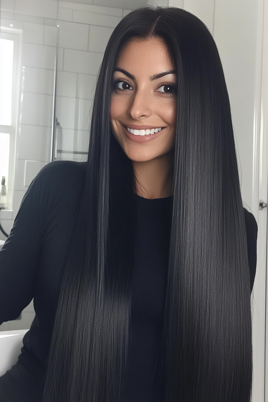 6. Straight Black Sleek Style (Long Hairstyles For Women Over 40) - Long Hairstyles For Women Over 40