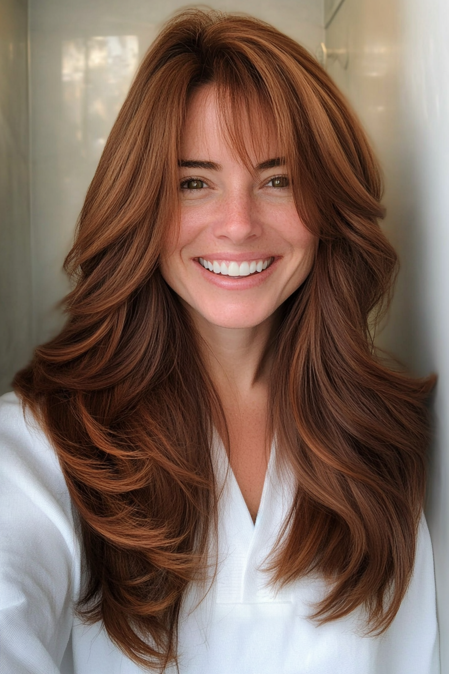 8. Chestnut Brown with Curtain Bangs (Long Hairstyles For Women Over 40) - Long Hairstyles For Women Over 40