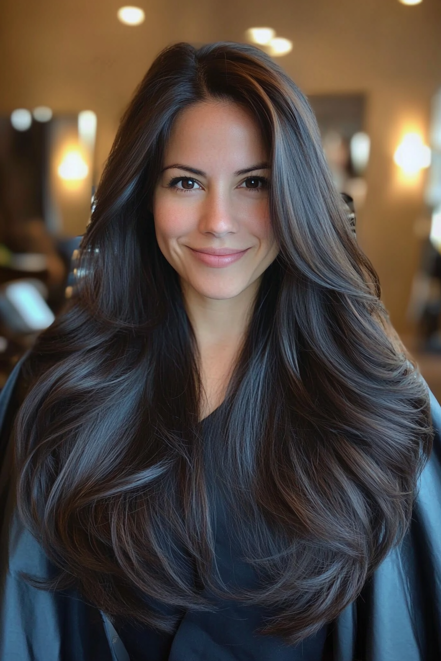 10. Dark Brown Layers with Side Part (Long Hairstyles For Women Over 40) - Long Hairstyles For Women Over 40