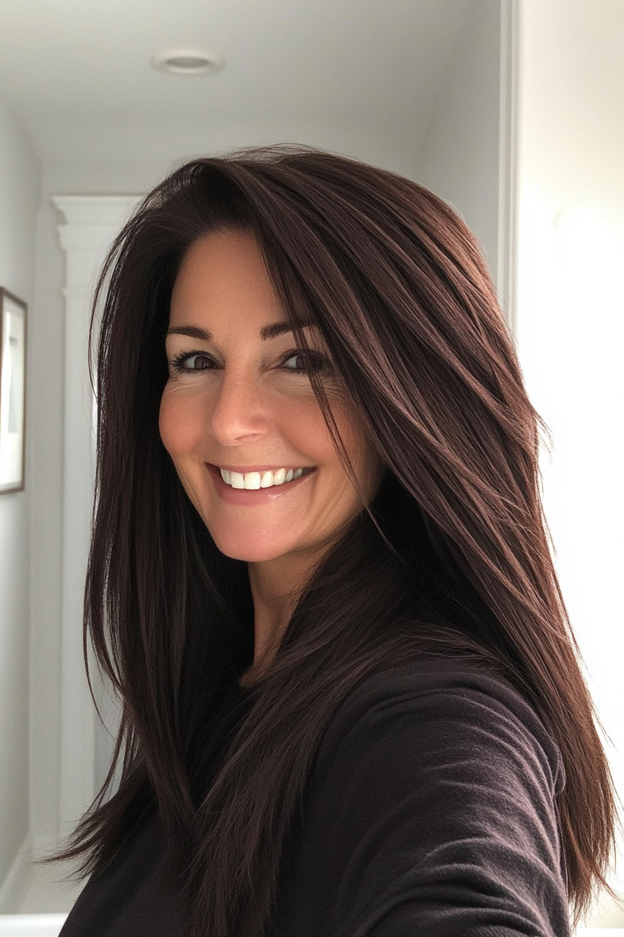 11. Espresso Brown Sleek Layers (Long Hairstyles For Women Over 40) - Long Hairstyles For Women Over 40