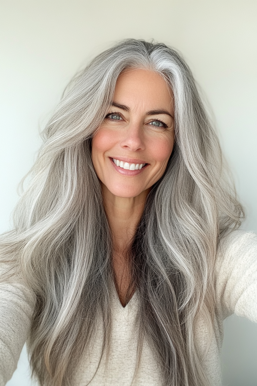 14. Natural Gray with Long Layers (Long Hairstyles For Women Over 40) - Long Hairstyles For Women Over 40