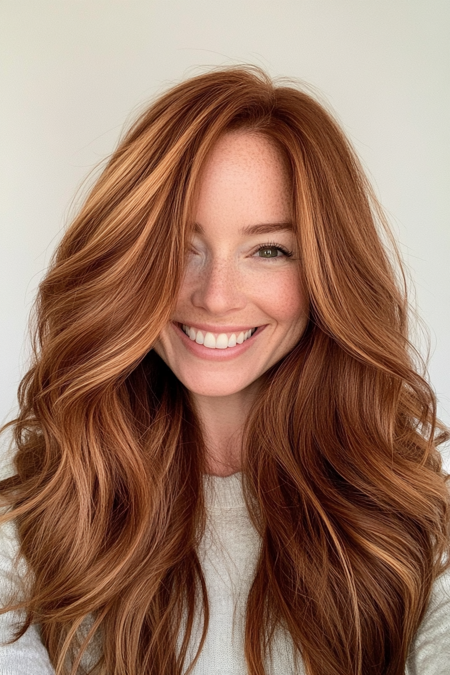 15. Golden Chestnut Highlights (Long Hairstyles For Women Over 40) - Long Hairstyles For Women Over 40