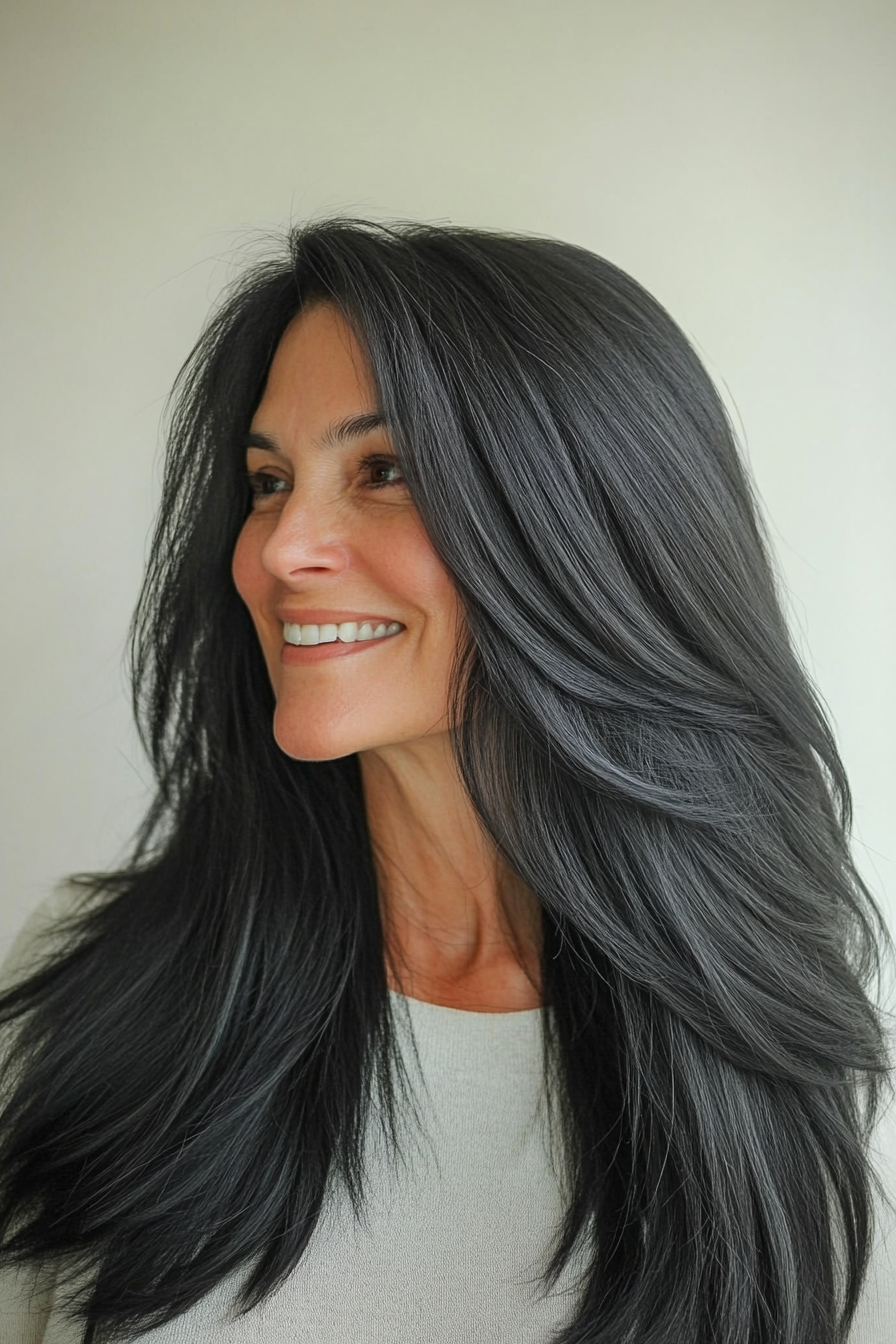 18. Soft Black with Wispy Layers (Long Hairstyles For Women Over 40) - Long Hairstyles For Women Over 40