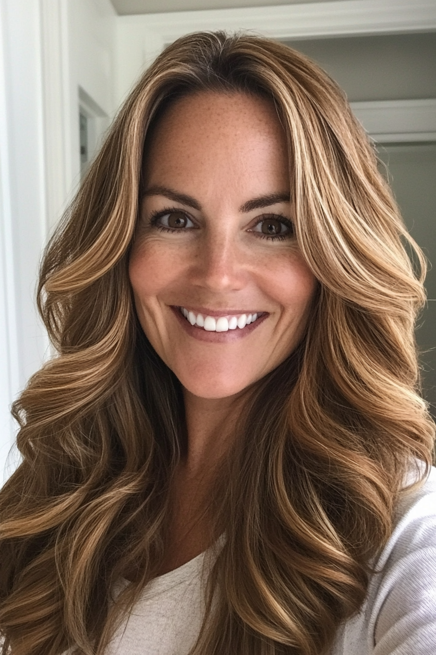 19. Honey Brown with Beachy Waves (Long Hairstyles For Women Over 40) - Long Hairstyles For Women Over 40