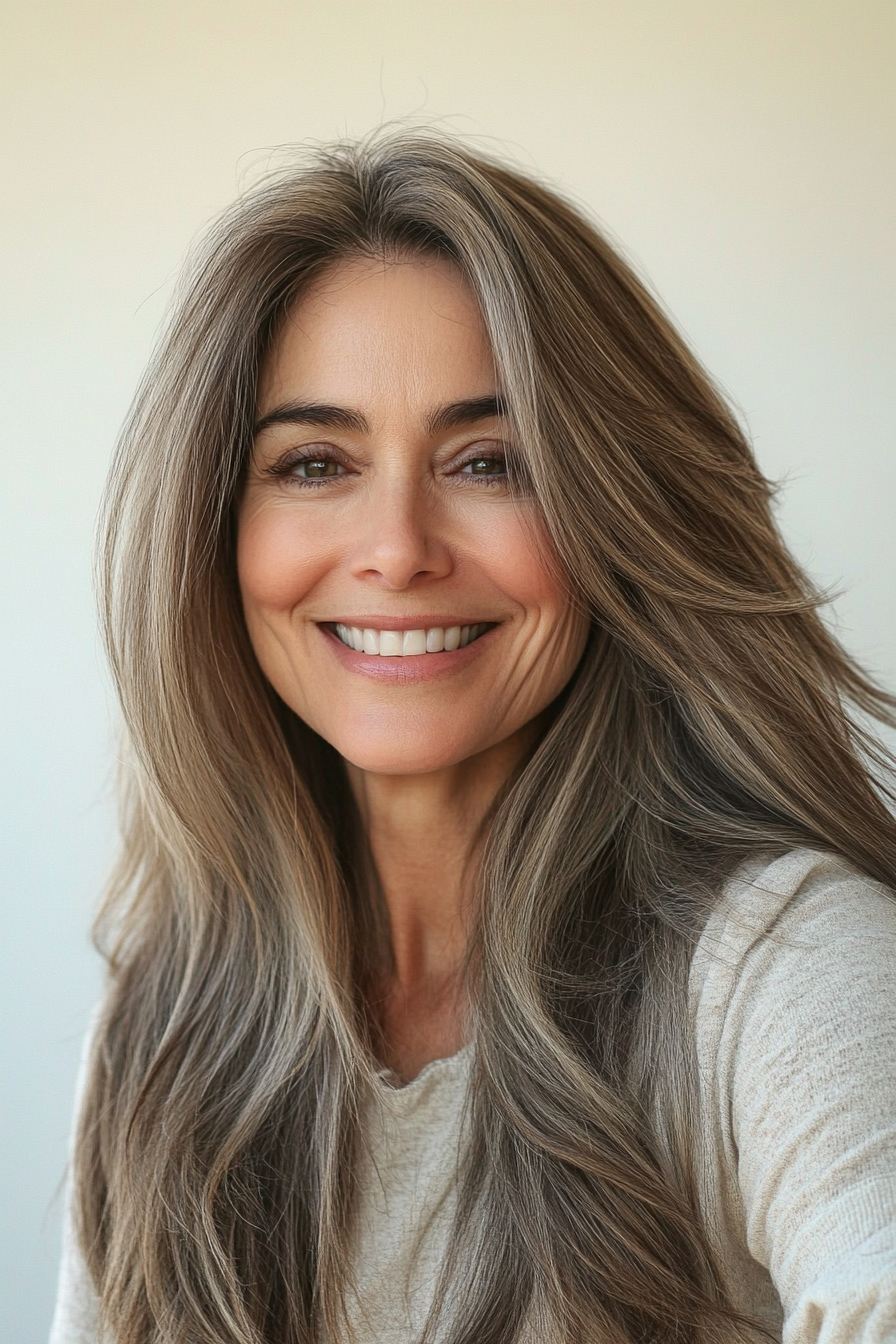 20. Ash Brown with Feathered Layers (Long Hairstyles For Women Over 40) - Long Hairstyles For Women Over 40