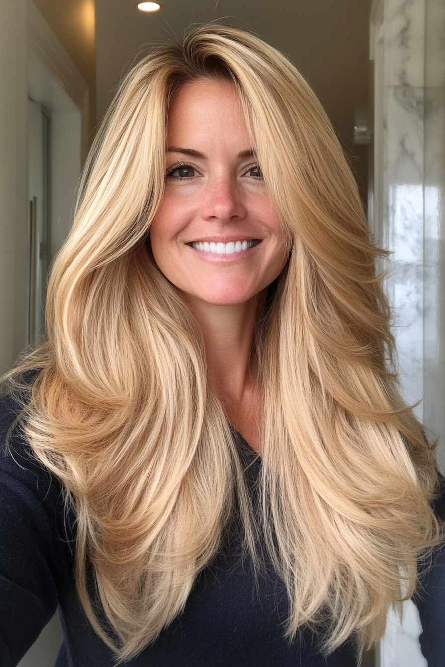 21. Golden Blonde with Layers (Long Hairstyles For Women Over 40) - Long Hairstyles For Women Over 40