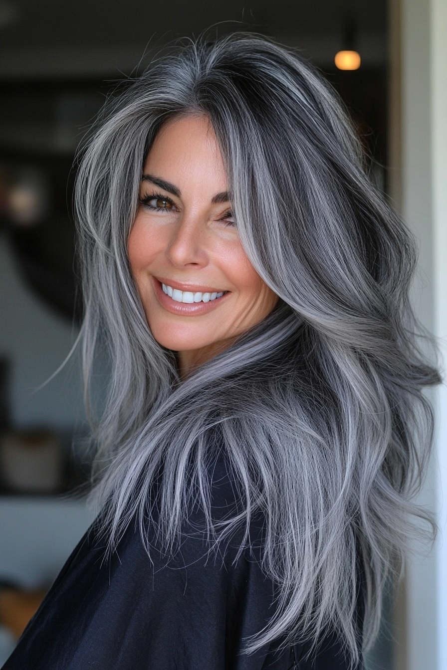 22. Charcoal Gray with Subtle Layers (Long Hairstyles For Women Over 40) - Long Hairstyles For Women Over 40