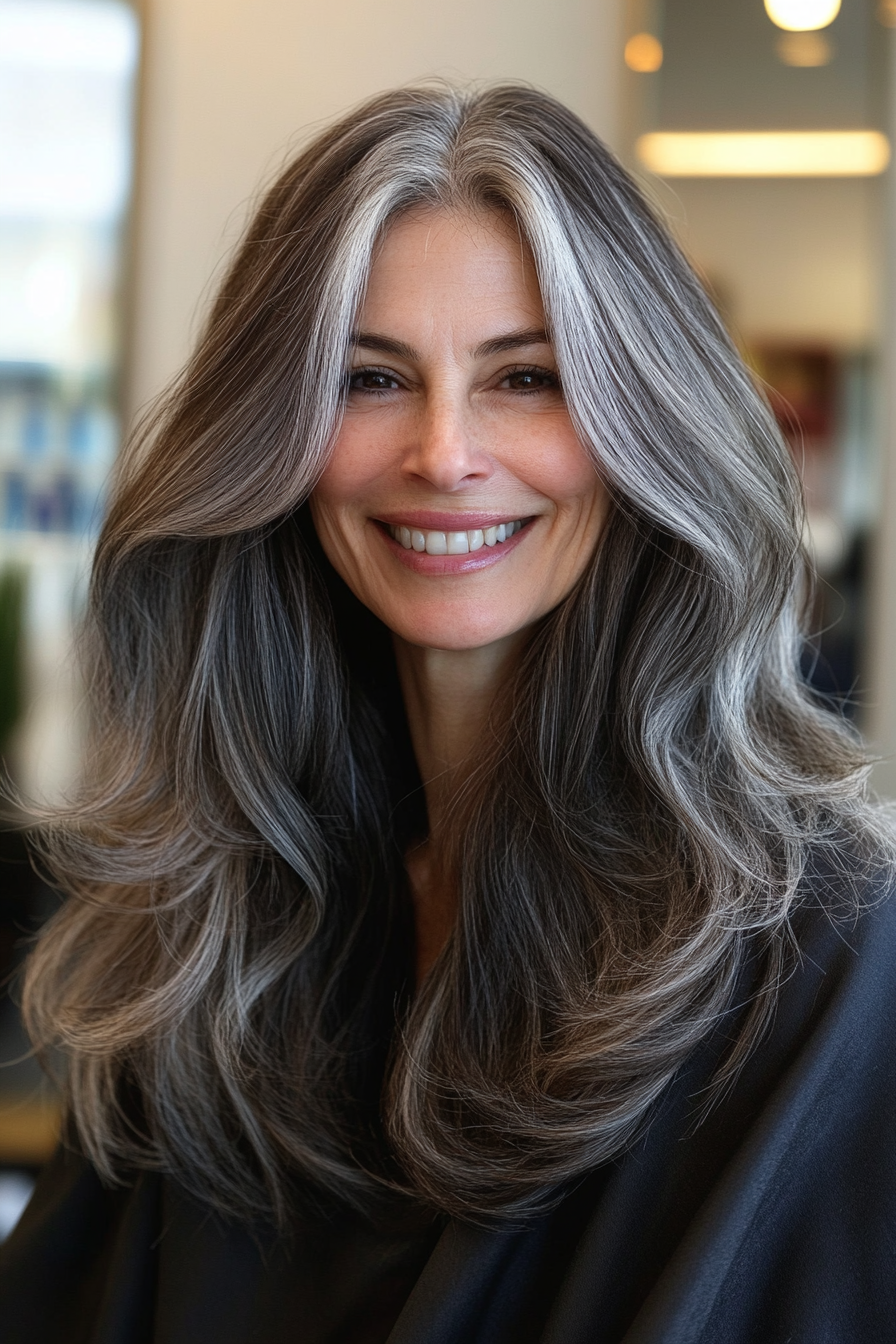 26. Salt-and-Pepper Layers (Long Hairstyles For Women Over 40) - Long Hairstyles For Women Over 40