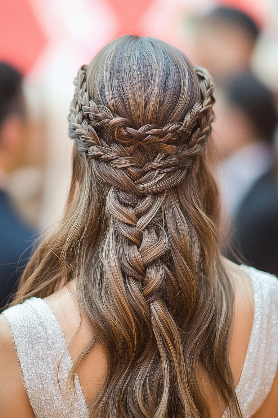 3. Ash Brown Half-Up Braided Crown (Wedding Hairstyles For Long Hair) - Wedding Hairstyles For Long Hair