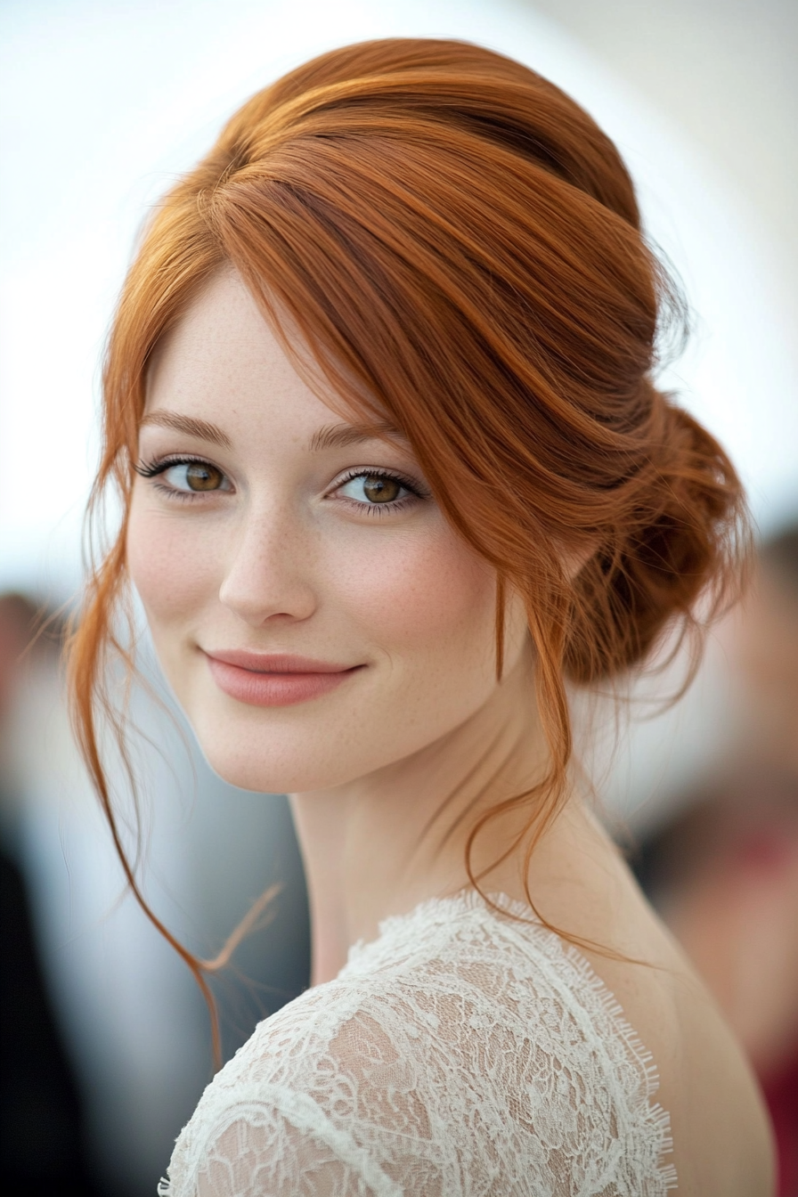 8. Soft Auburn Side-Swept Bun (Wedding Hairstyles For Long Hair) - Wedding Hairstyles For Long Hair