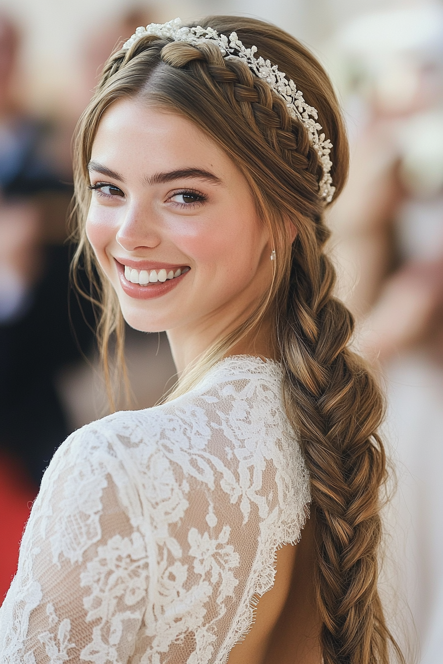 13. Golden Brown Braided Halo (Wedding Hairstyles For Long Hair) - Wedding Hairstyles For Long Hair