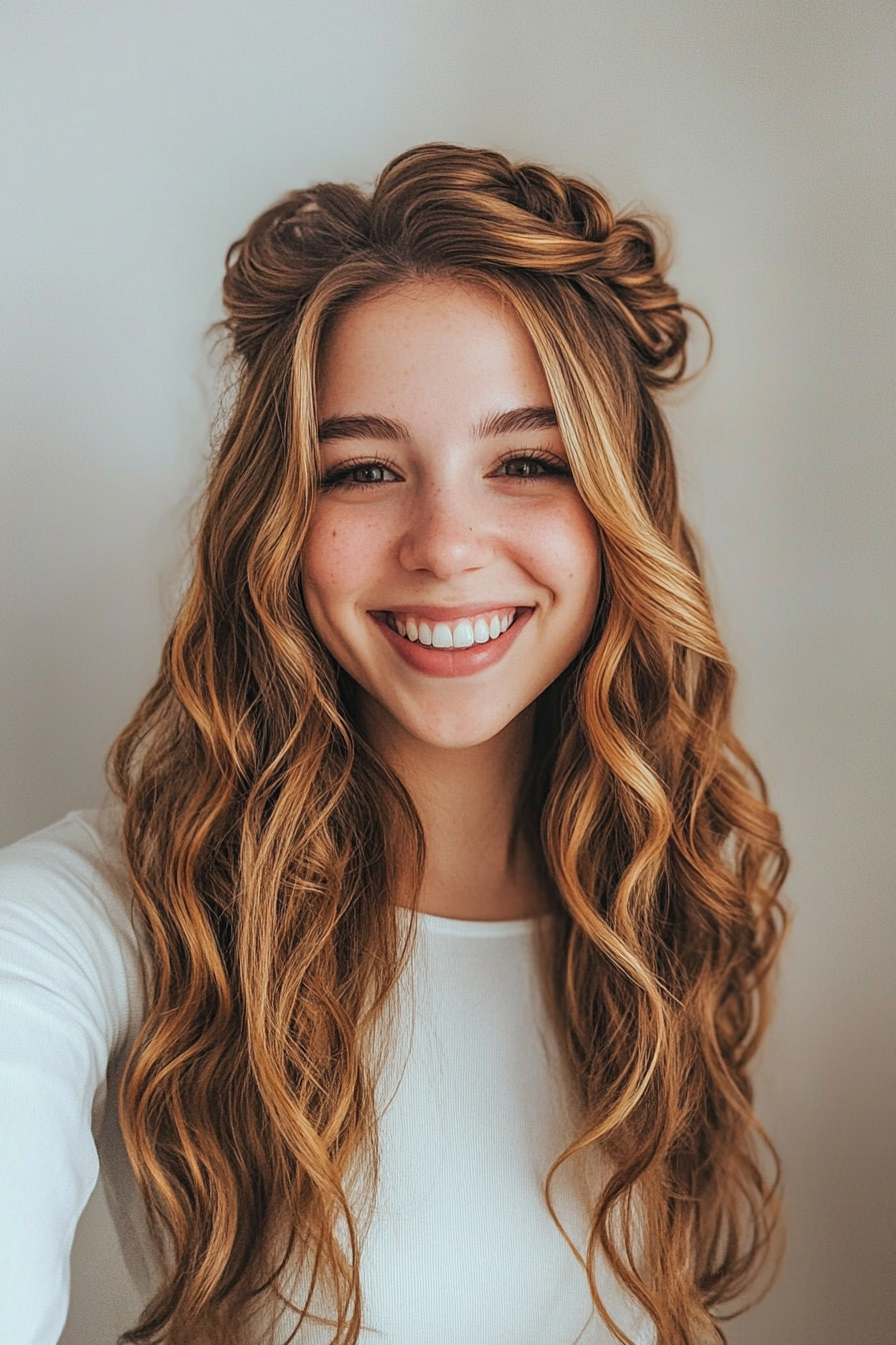 18. Golden Ombre Curly Half-Up (Wedding Hairstyles For Long Hair) - Wedding Hairstyles For Long Hair