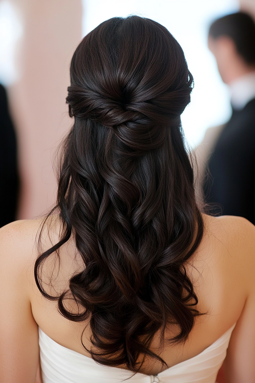 21. Dark Honey Twisted Half-Up Style (Wedding Hairstyles For Long Hair) - Wedding Hairstyles For Long Hair